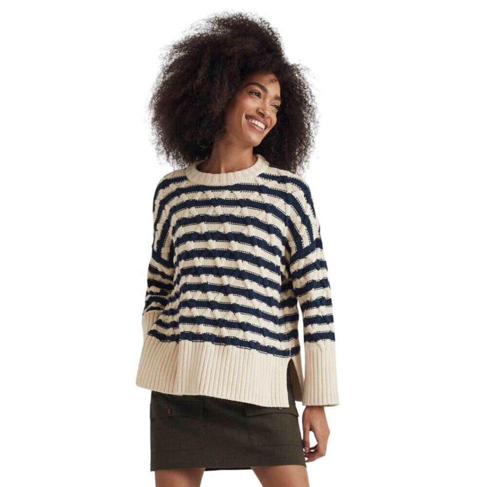 Madewell Oversized Cable Knit Stripe Sweater Cream Navy Blue Pullover Size XS